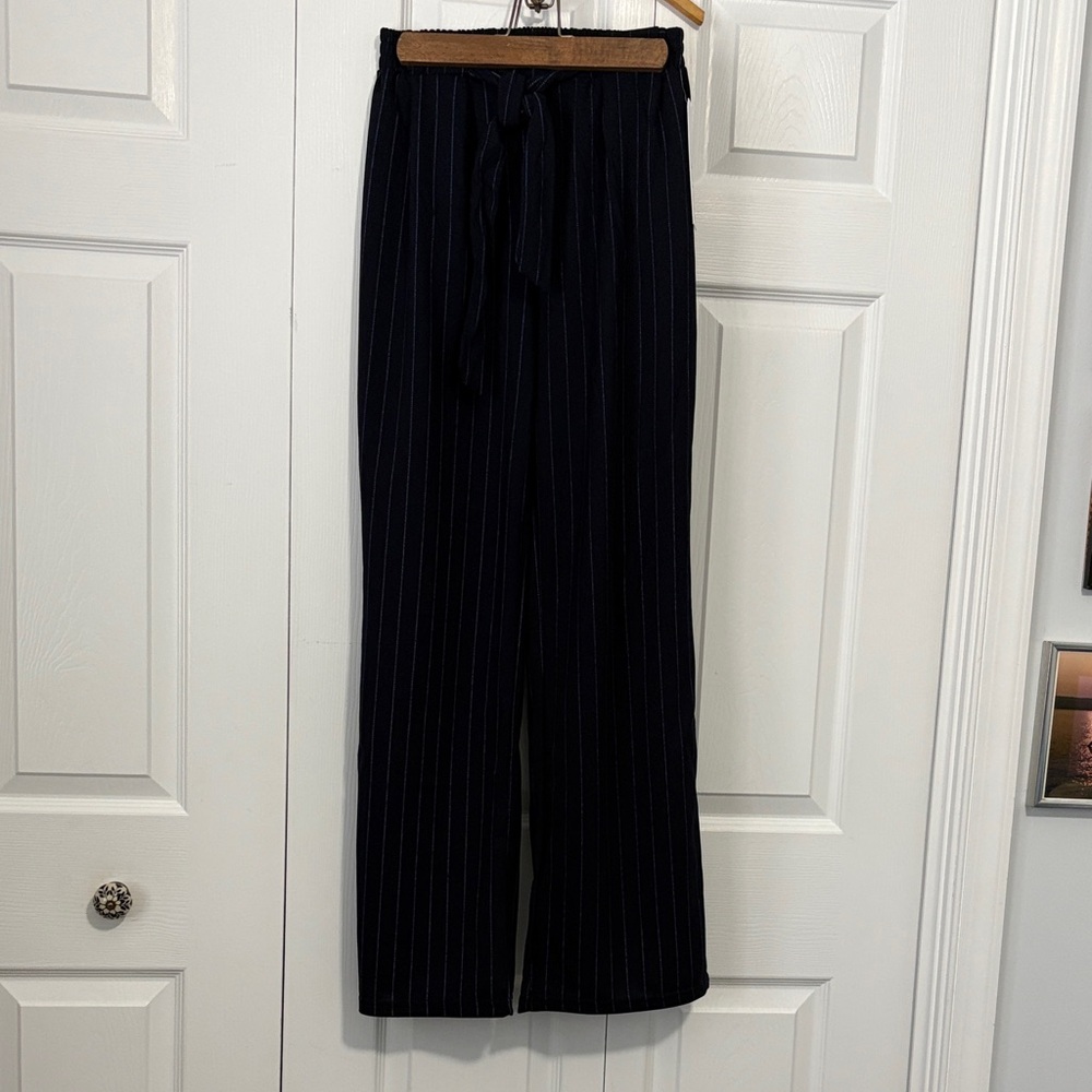 Wide-Leg Pinstripe Drawstring Pants - navy